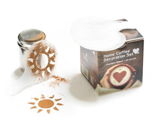 Zestaw dekoracyjny - szablony do kawy (16szt.) i shaker