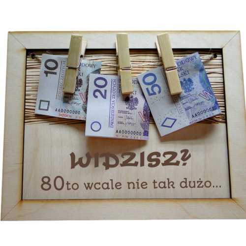 drewniana kartka urodzinowa z miejscem na pieniądze na 80tkę