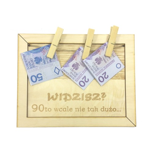 Drewniana kartka na 90te urodziny z miejscem na pieniądze