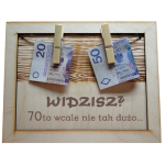 Drewniana kartka na 70 urodziny z miejscem na pieniądze