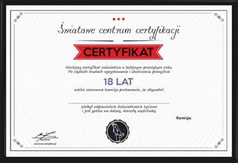 Certyfikat dla 18 latka w antyramie