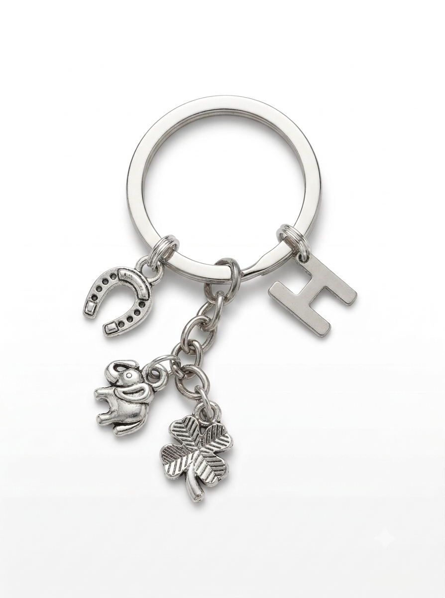 amulet talizman breloczek na szczescie z koniczynka słonikiem podkową